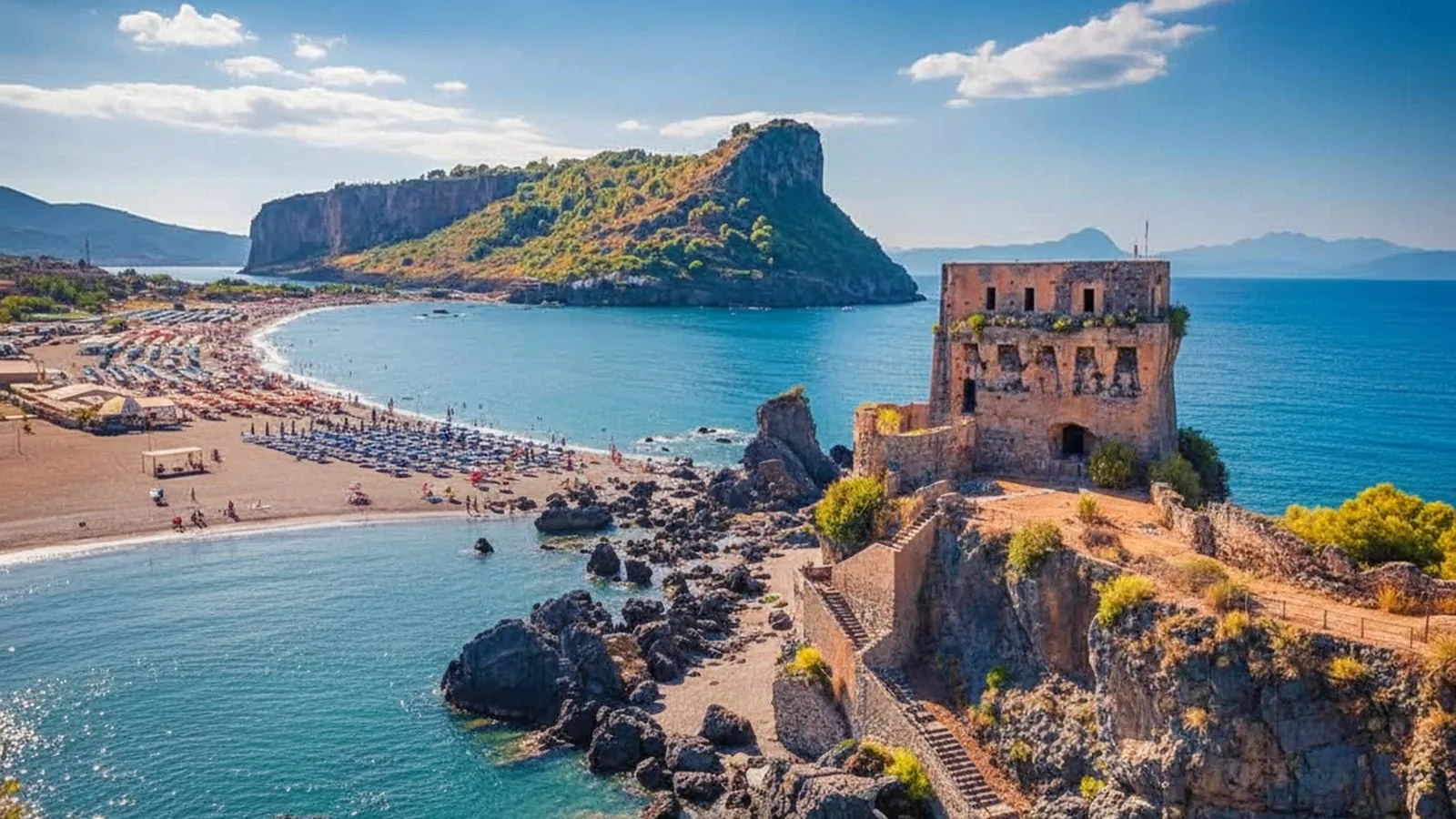 La spiaggia di Praia a Mare con l'Isola di Dino sullo sfondo